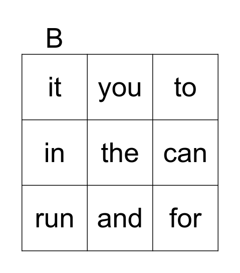 Sight Words - K Bingo Card