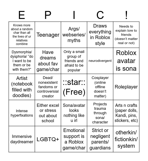 “That” type of Roblox Kid (me) Bingo Card