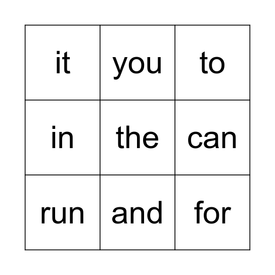Sight Words - K Bingo Card