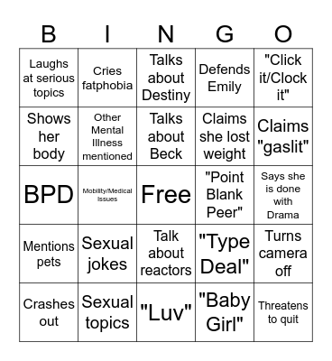 Amberlynn Reid Livestream Host Bingo Card
