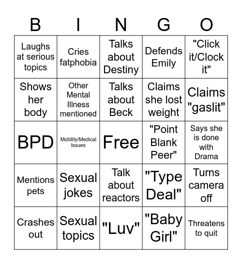 Amberlynn Reid Livestream Host Bingo Card