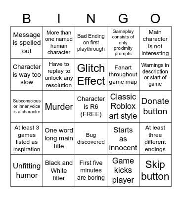 Roblox "Mental Health" Game Bingo Card