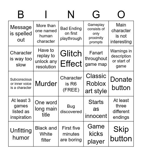 Roblox "Mental Health" Game Bingo Card