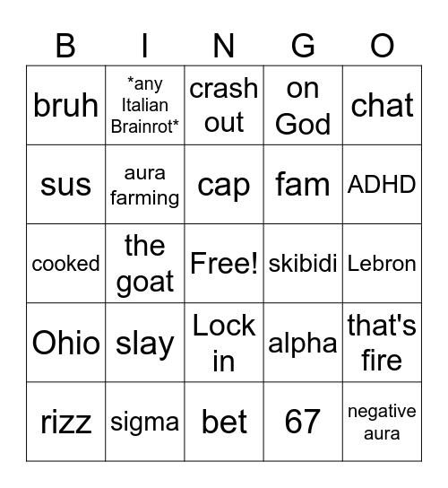 Brain rot Bingo Card