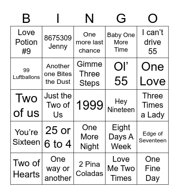 Songs with numbers Bingo Card