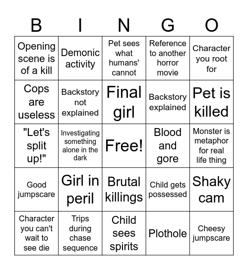 Horror Movie Bingo Card
