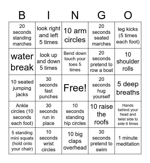 Exercise BINGO Card
