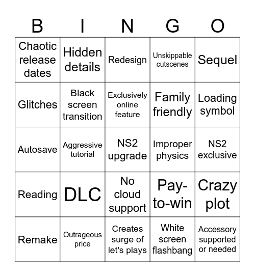 New Nintendo Games Bingo Card