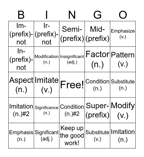 Daily Academic Vocabulary Definitions 19-22 Bingo Card