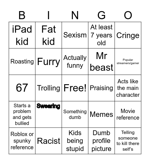 Gen alpha kids bingo Card