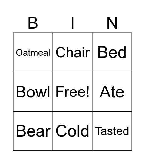Goldilocks and the Three Bears Bingo Card