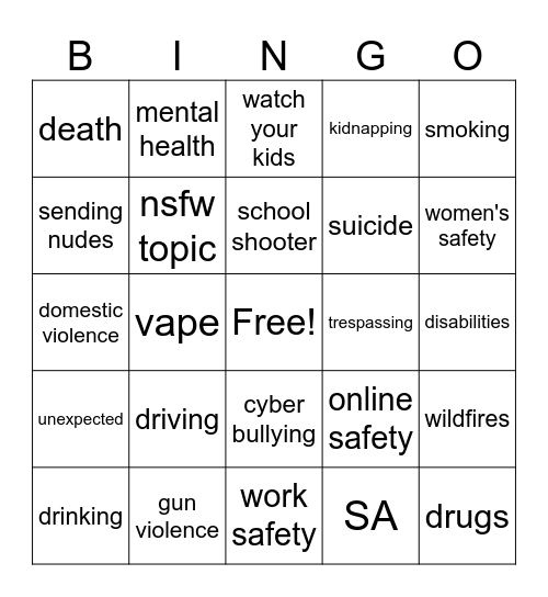 PSA Bingo Card