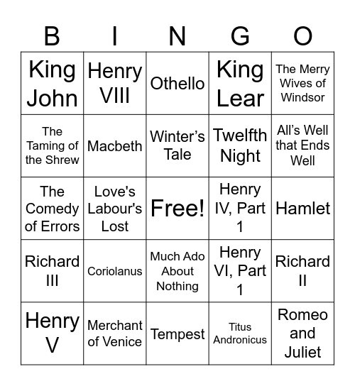 Shakespeare B-Day Bingo Card
