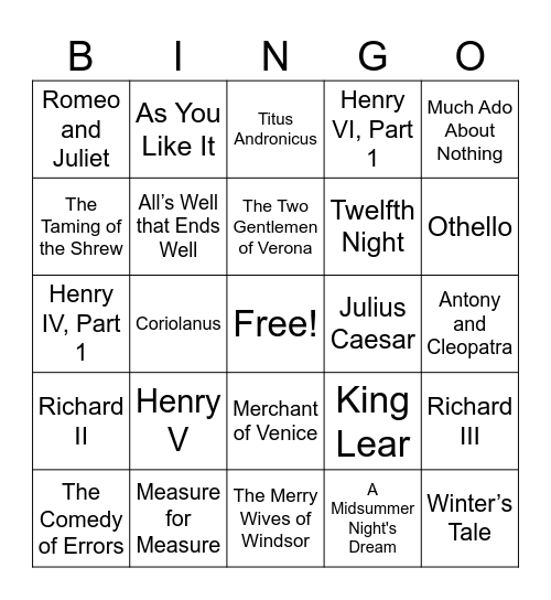 Shakespeare B-Day Bingo Card