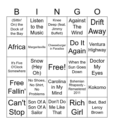 Round 1 - Rock N' Roll Bingo Card