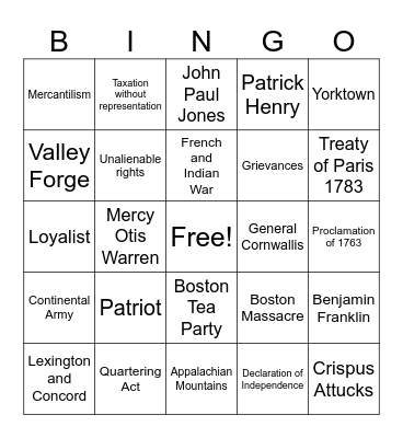 American Revolution Bingo Card