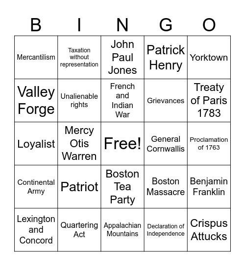 American Revolution Bingo Card