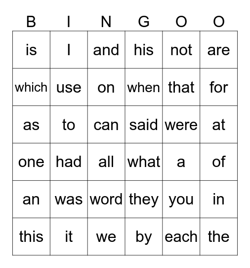 Common Words - 1,2,3 Bingo Card