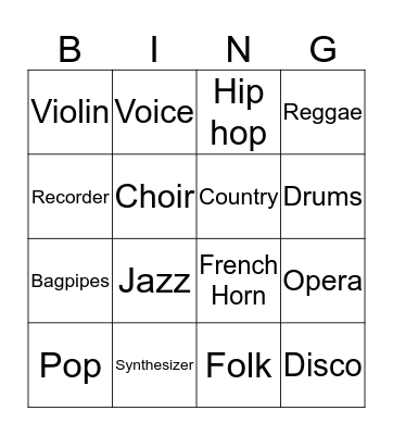 Musical Instruments and Genres Bingo Card