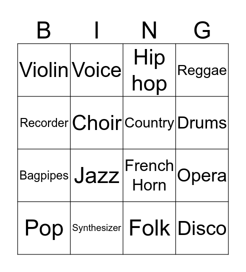 Musical Instruments and Genres Bingo Card