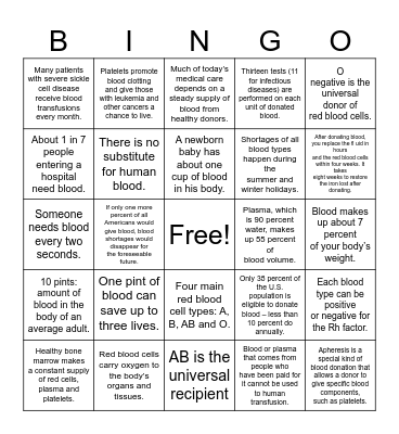 OneBlood Bingo Card