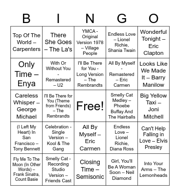 Friends Music Bingo Card