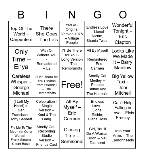 Friends Music Bingo Card