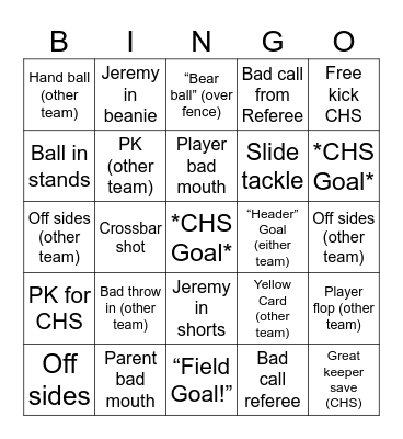 CHS Soccer Fans Bingo Card