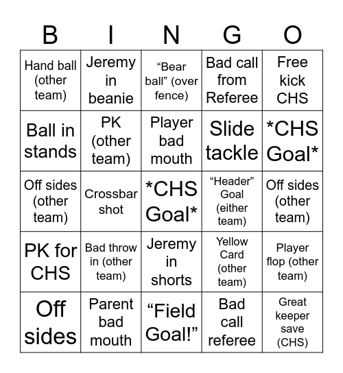 CHS Soccer Fans Bingo Card