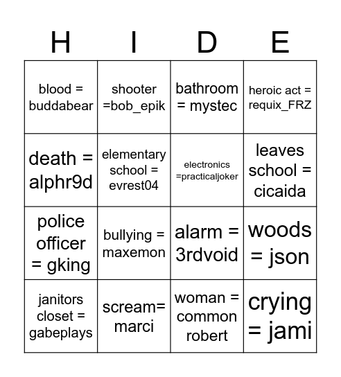 hide and seek Bingo Card