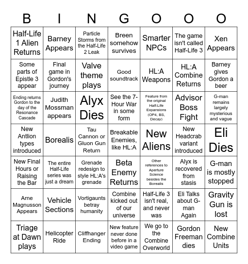 Half-Life 3 Bingo Card