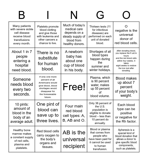 OneBlood Bingo Card