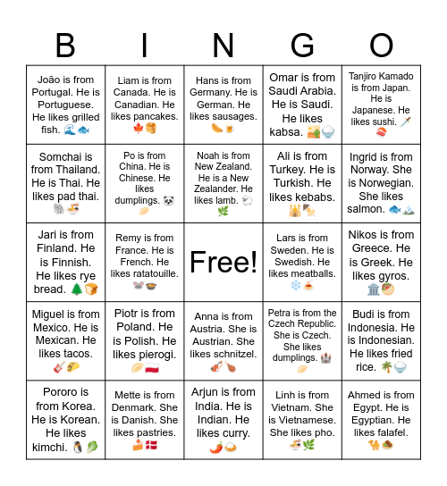 B9 L2 Maria is from the Philippines. She is Filipino. She likes adobo. 🌺🍗 Bingo Card