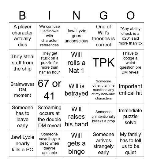 D&D Oneshot Bingo Card