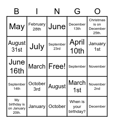 When Is Your Birthday? Bingo Card