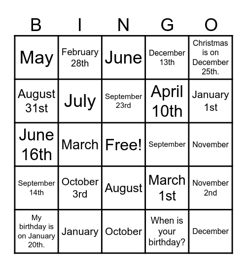 When Is Your Birthday? Bingo Card