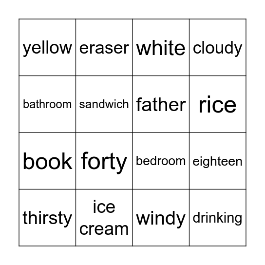 4th Grade Bingo Card