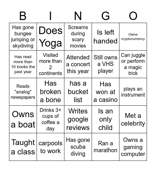 Friday Hangout Bingo Card