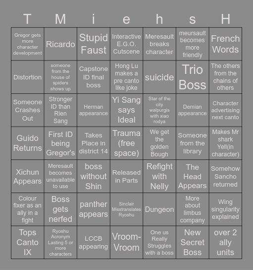 Canto X bingo Board Bingo Card