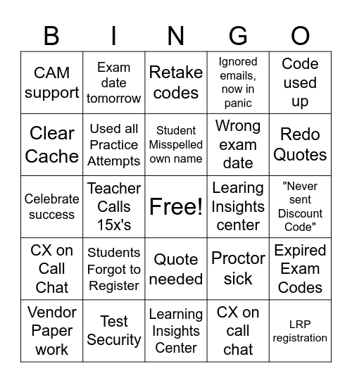 Exam Season BINGO Card