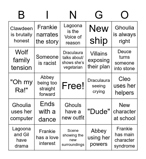 Monster High Bingo Card