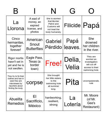 Summer of the Mariposas: Chapters 1-2 Bingo Card