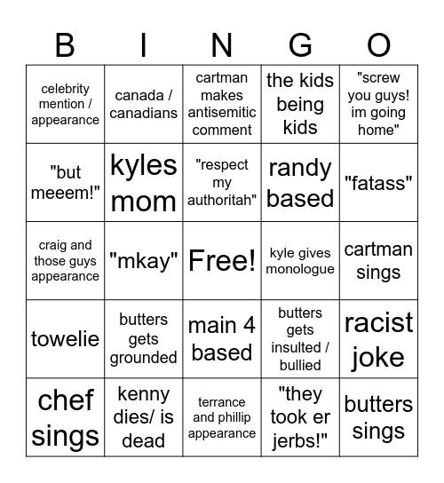 south park bingo Card