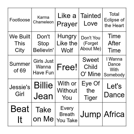 80's classics Bingo Card