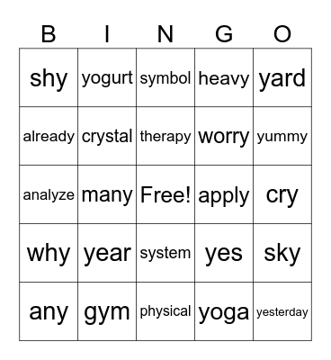 Same Spelling/Different Sound /y/ Bingo Card