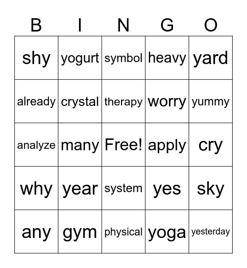 Same Spelling/Different Sound /y/ Bingo Card