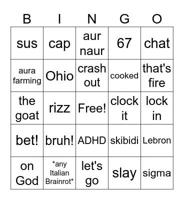 Gen Alpha Brainrot Bingo Card