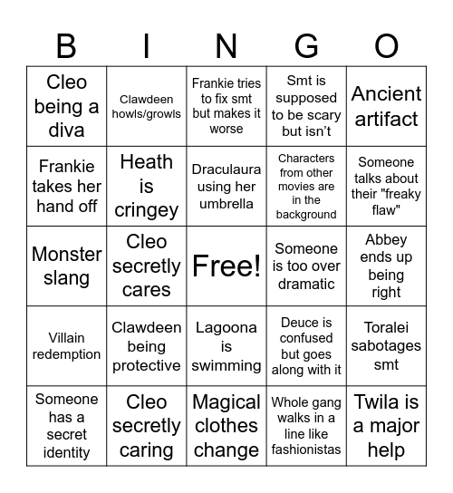 Monster High Bingo Card