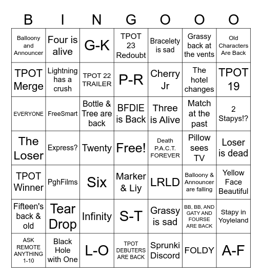 TPOT 22 Predictions Bingo Card
