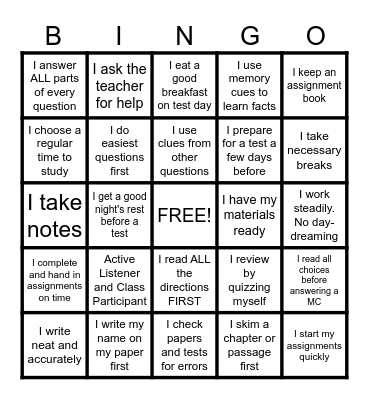 Test Taking Strategies Bingo Card